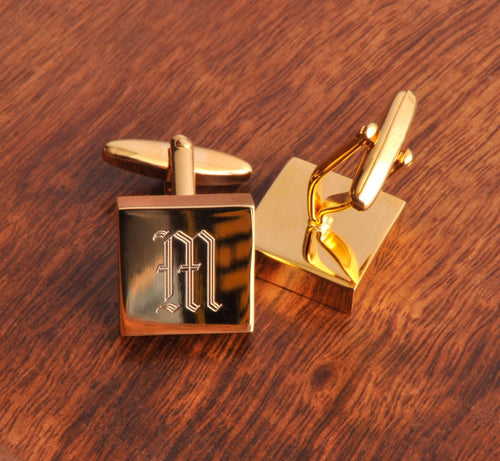 Brass-Plated Square Cufflinks with Single Initial - brass-plated square cufflinks with sample initial