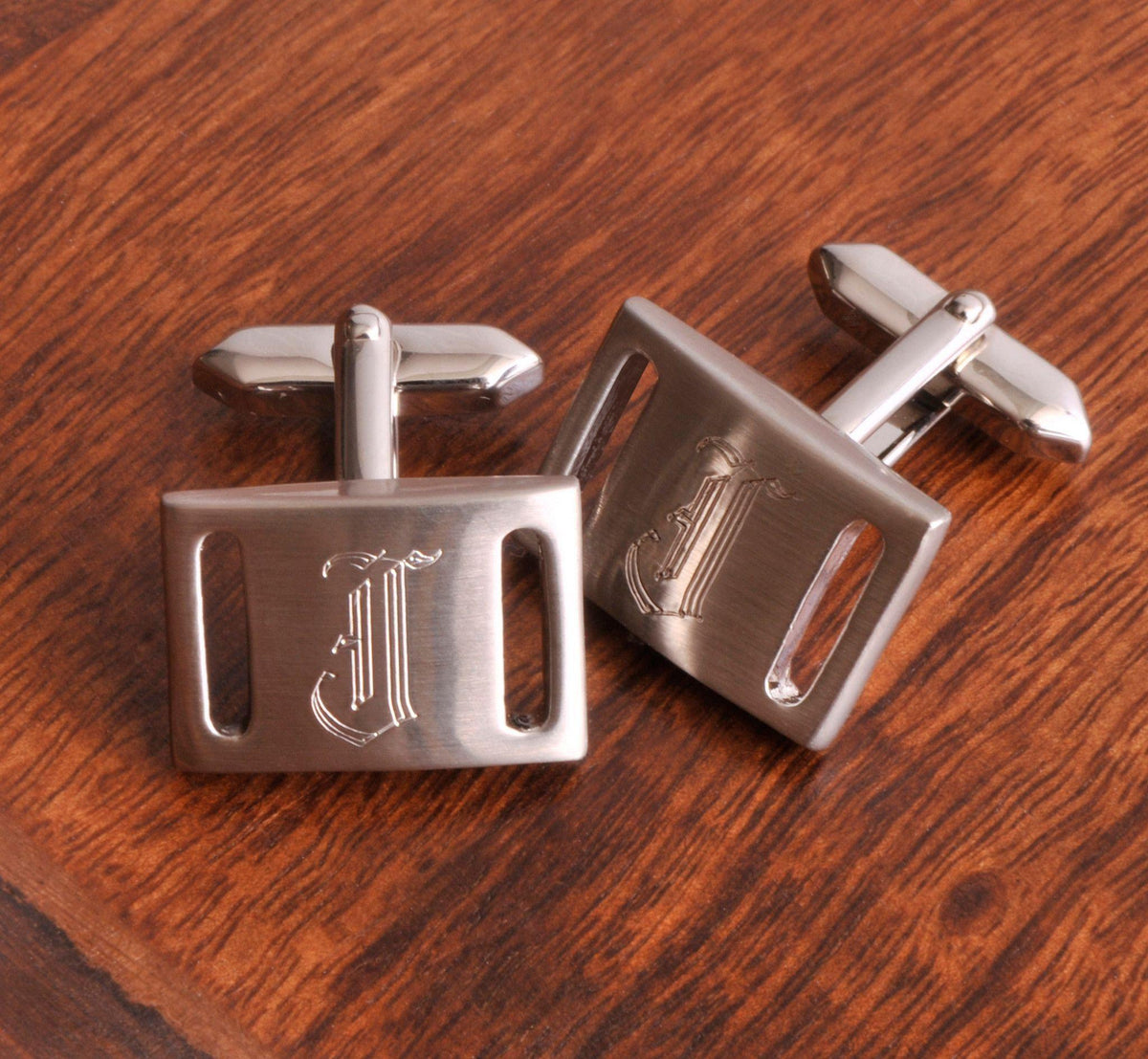 Brushed Silver-Look Square Cufflinks with Single Initial - brushed square cufflinks with sample initial