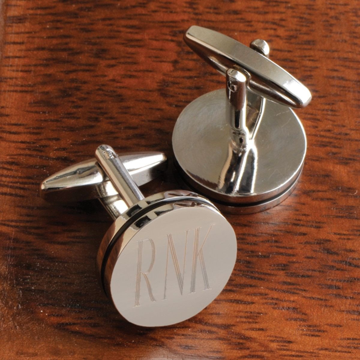 Silver-Tone Pinstripe Monogram Cufflinks - pinstripe round cufflinks with sample monogram