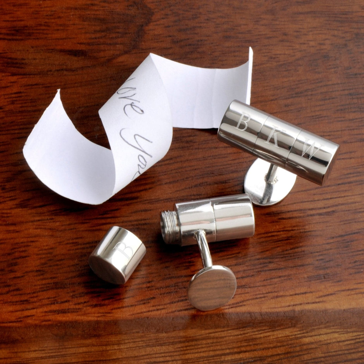 Hidden Note Tube Cufflinks with Engraved Initials - tube cufflinks with hidden note compartment