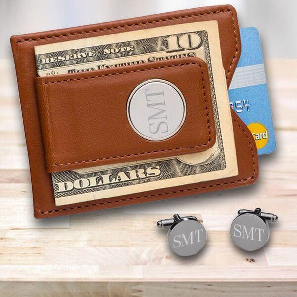 Leather Money Clip Wallet and Gunmetal Cufflinks Gift Set - leather money clip wallet with matching cufflinks